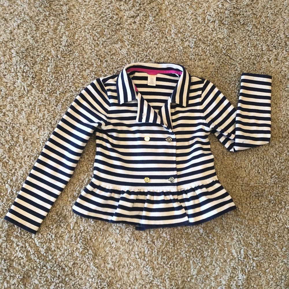 Gymboree Navy and White Striped Peplum Jacket with Pink Trim